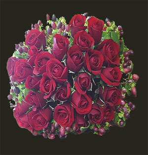 Handtied Bouquet - This bridal bouquet is designed with top quality red roses and hypericum.  It is a round shaped, handtied bouquet.  The stems are bound with green tape and finished with a small bow.<br><br>Code:554-8515-554-0000062487