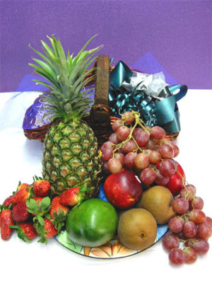 Fruit Basket - A wonderfully healthy way to show someone that you're thinking about them.
This woven willow basket contains:
Pineapple,
Grapes,
Strawberries,
Mango,
Nectarines,
Pears.
All these fruits are seasonal.  We are happy to customize a basket such as this to meet your requirements
Just click to order and write in the section available exactly what you would like to send.

(Plate not included)<br><br>Code:554-7686-554-0000062431