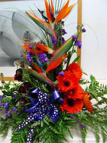 Strelitzia Delight - Strelitzias, stock and orange gerberas are nestled in leather fern and finished with a purple bow.<br><br>Code:554-6251-554-0000062365