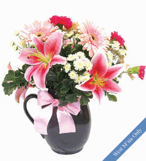 A vase of appreciation - Want to thank your loved one for standing by your side all these while? Comprises of Gerberas, Stargazers and Pom Poms in a classic stoneware milk jug. Color of jug may differ depending on availability.<br><br>Code:458-3423-458-0000109280