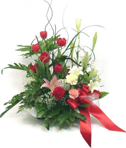 BA009 - BA009 1800� Approx. size 21 x 24 in. La Mia Preziosa ....Fresh picked mixture of assorted flowers such as tulips, lilies, carnations & fillers designed naturally in a basket reflecting the beauty of nature.<br><br>Code:764-1827-764-0000081932