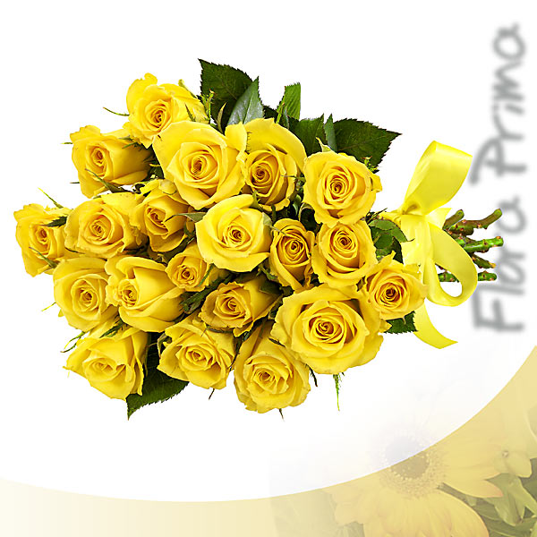 Bunch of yellow roses with a free vase - 20 yellow roses (40-50cm). The bottom 1/3 is defoliated and the thorns have been removed. 1 package of flower nutrients and nursing instructions. Bunch of rroses with an attractive bow<br><br>Code:056-7689-056-0000097350