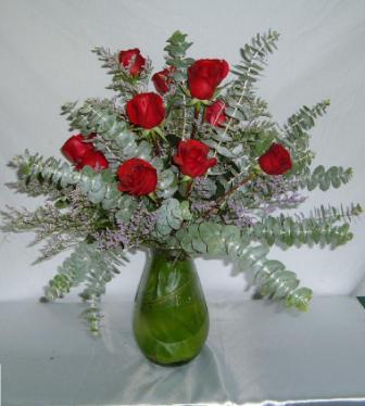 Rose vase - Vase arrangement of roses, caspia and eucalyptus SGD 78.0