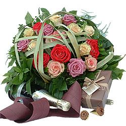 Roses, Champagne & Chocolates - Lovely perfumed pink roses, delicious belgian chocolates and delicious champagne.<br><br>Code:250-9398-250-0000069226