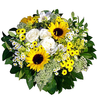 Sunshine - You will love the rich elegance of the bright sunflowers, the superb white roses, alstromeria, solidago, santini and the season greenery in this cheerful bouquet.<br><br>Code:643-2971-643-0000084794