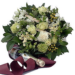Flowers, Champagne & Chocolates - The delicious champagne is accompanied by Belgian chocolates and an superb all white bouquet.<br><br>Code:643-3358-643-0000084574