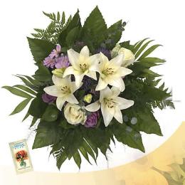 Funeral Bouquet Capri - Gracious funeral arrangement for the final farewell.

A bouquet with a lily, roses, chrysenthemums and plenty of greens.

Includes: 6 purple and white roses, 1 white lily, 3 blue throatworts, 3 blue chrysanthemums, 3 leather leaf ferns, 3 chico jumbos, 3 sparrows grass, 3 butcher's brooms, 3 aralia leafs, 1 eucalyptus, 1 package of flower nutrients and nursing instructions. 
Important: Please provide the funeral home as the delivery address. The courier is unable to deliver directly to graves.<br><br>Code:056-6147-056-0000068576