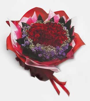 Passion of Love--- 99 st roses - 99 stalks of Deep Red Roses with a touch of Gentle Gypsophila and Blue Statice (L 25